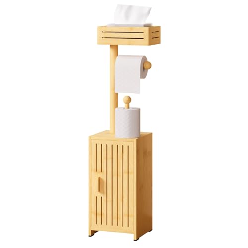 Yorbay Toilettenpapierhalter Stehend aus Bambus mit Aufbewahrung: Toilettenpapierständer mit Taschentuchboxen und Rollenhalter - Klopapierständer für Badezimmer Toilette Waschraum (Bambusfarbe)