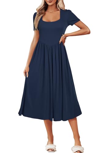 Image of Newshows Women's Summer Square Neck Ribbed Knit Short /Long Sleeve A Line Flowy Midi Dress with Pockets