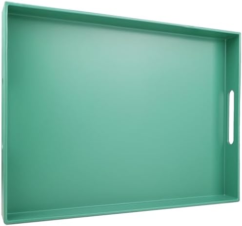 Green Serving Tray for Coffee Table, Rectangular Plastic Decorative Tray with Handles for Entertaining, Outdoor Patio, Living Room, Ottoman, Bathroom Counter, 11.8