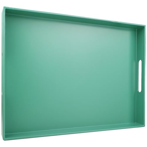 SforGUVA Green Serving Tray for Coffee Table, Rectangular Plastic Decorative Tray with Handles for Entertaining, Outdoor Patio, Living Room, Ottoman, Bathroom Counter, 11.8”*15.7”*1.6”