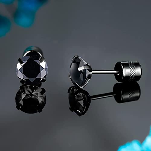 Pack Of Titanium Screw Back Earrings Faux Diamond Studs For Women Men 20G Black Gold Plated Surgical Stainless Steel Rainbow Black Cubic Zirconia Hypoallergenic For Sensitive Ear Barbell Helix Piercing Post #TOP3