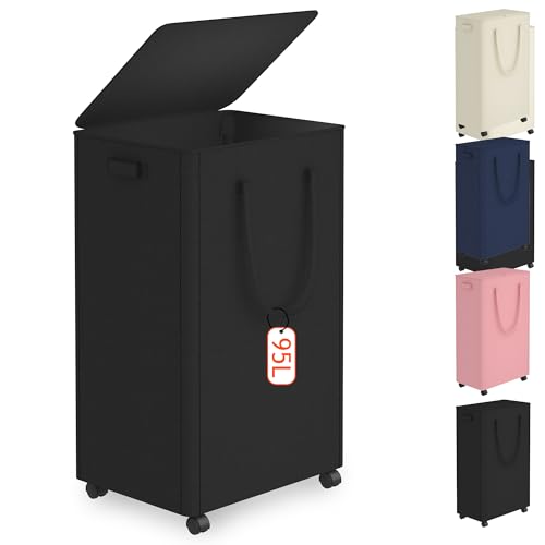 Image of Slim Laundry Hamper with Wheels,25 Gal (95L) Rolling Laundry Basket with lid and wheels Clothes Hamper Foldable Tall Dirty Clothes Basket Sturdy Collapsible Clothes Hamper for Dorm,Laundry Room