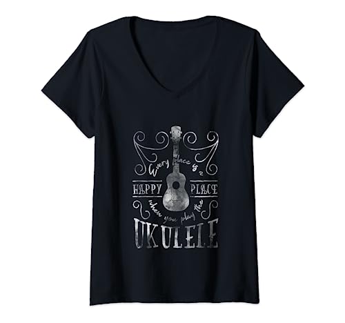 Happy Place When You Play The Ukelele - Ukelele Guitarra Camiseta Cuello V