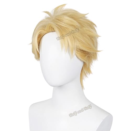 Image of Half and Half Short Blonde Anime Cosplay Wig Men's Spiky Layered Blonde Male Wigs Synthetic Hair for Men Halloween Costume Party