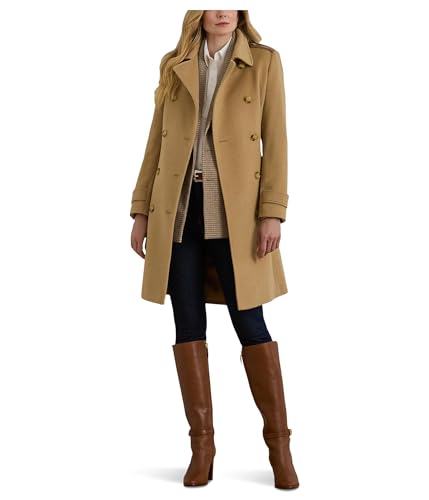 Image of Lauren Ralph Lauren Womens Db Belted Wool W Pu Trim Camel 10