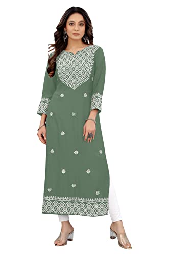 Image of Women's Rayon Embroidered Straight Kurti Under 499 Designer Attractive Look Women's Kurta