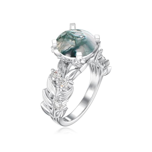 Moss Agate Rings for Women 925 Sterling Silver Custom Engraving Moss Agate Engagement Ring Wedding Jewelry Engagement Gifts for Her