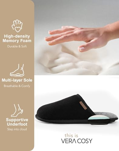 VeraCosy Men's Comfy Corduroy Memory Foam Scuff Slippers Soft Faux Fur Lined House Shoes with Anti-Skid Lightweight Sole4