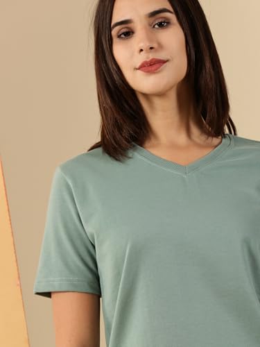 Image of Women's Pure Cotton Relaxed Fit V-Neck Half Sleeve T-Shirt | Gym Wear Casual Look T-Shirt | Regular Fitting with Comfort Wear for Women