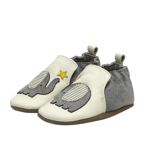 Robeez Baby Boys Soft Soles Slip-Resistant Crib Shoes Slippers for Infant and Toddler Elephant Stars Ivory Leather 12-18