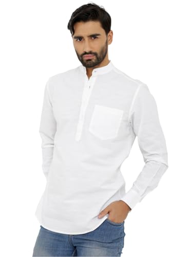 nick&jess Camisa corta Kurta de tres botones para hombre, blanco, L
