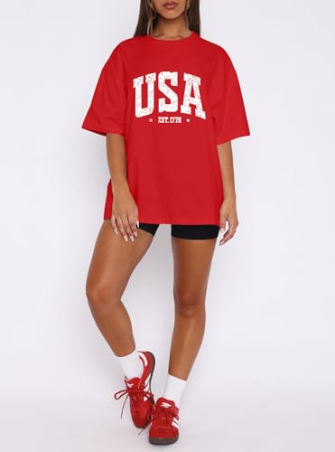 Dressmine Womens USA Oversized T-Shirts Summer Round Neck Short Sleeve Shirts Cute Print Graphic Tees2
