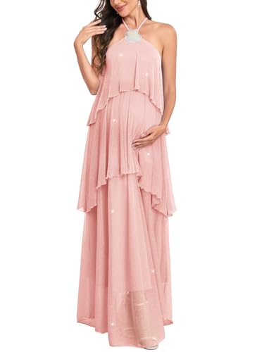Image of AISWI Maternity Halter Neck Maxi Dress Sparkly Mesh Tiered Ruffle Pregnancy Gown with Flower for Baby Shower Photoshoot