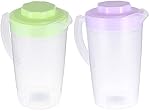 DOITOOL 2 Pack 2L Large Plastic Water Pitcher with Lid and Spout, Water Jug Beverage Pitcher with Handle for Homemade Juice, Ice Tea, Hot or Cold Beverages, Water (Purple and Green)