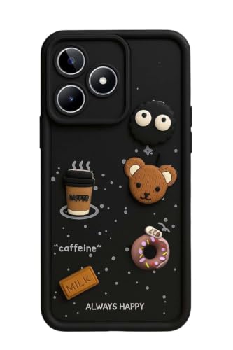 Image of Bintage Cute Fun Taddy Cartoon 3D Ball Bear Milk Donut Coffee Cup Silicon Case Full Body & Camera Protection Back Cover Compatible for Realme C53 - Black