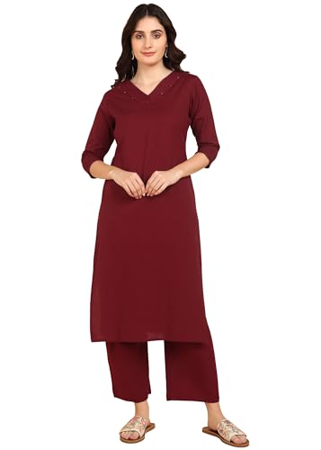 Image of BLOCKS OF INDIA Women's Solid Straight Kurta Set | Hand-Stitched Neck Details with Pintucks | Comfortable Pants with Pockets, Elastic Waist & Drawstring Fit