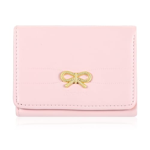 Fashion Foldable Cute Wallets for Women,Girls Wallet with Metal Small Bow,Simple Korea Pink Wallets for Women,Ins Short Aesthetic Wallet,Cute Wallets for Teen Girls and Women(Pink)3