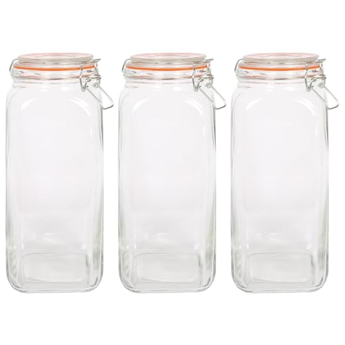 Argon Tableware 2L Square Glass Jars with Clip-top Lids - 3pc Airtight Kitchen Mason Jar Food Storage Preserving Container for Pickling, Chutney, Jam, Coffee, Oats