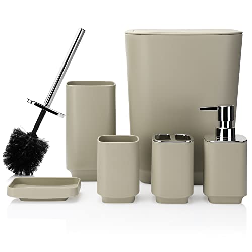JOTOM Set di 6 accessori da bagno in plastica di lusso, set di accessori da bagno, bidone della spazzatura, scopino, portaspazzolino, bicchiere, portasapone, dispenser di sapone, set regalo (beige)
