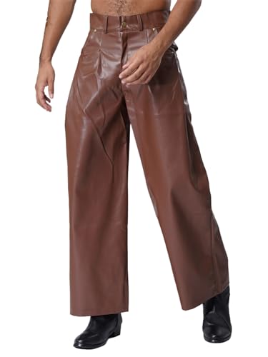 Hularka Adult Mens Casual Faux Leather Straight Leg Trousers Wet Look Motorcycle Riding Pants2