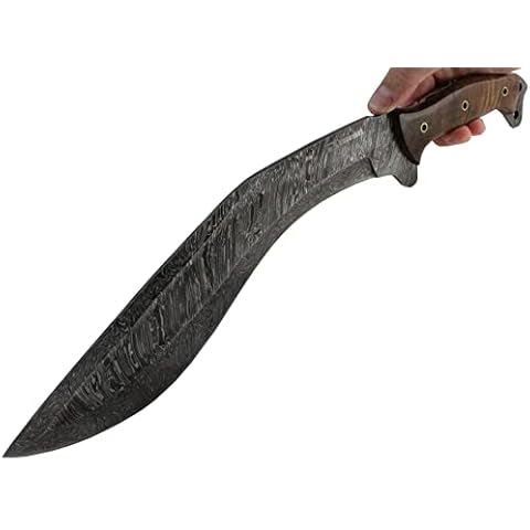 Moorhaus Handmade Damascus Kukri Knife - Walnut Wood Handle - Includes Leather Sheath - Full Tang Cover
