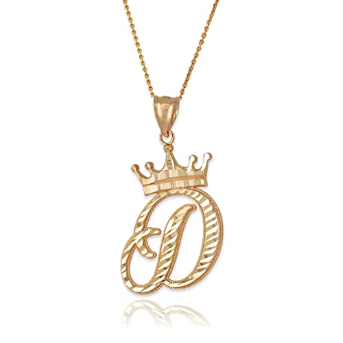 10K Yellow Gold Sparkle-Cut Royal Crown Cursive Monogram Letter Initial A-Z Alphabet Pendant Necklace - Choice of Initial Letter and Rolo Chain 16