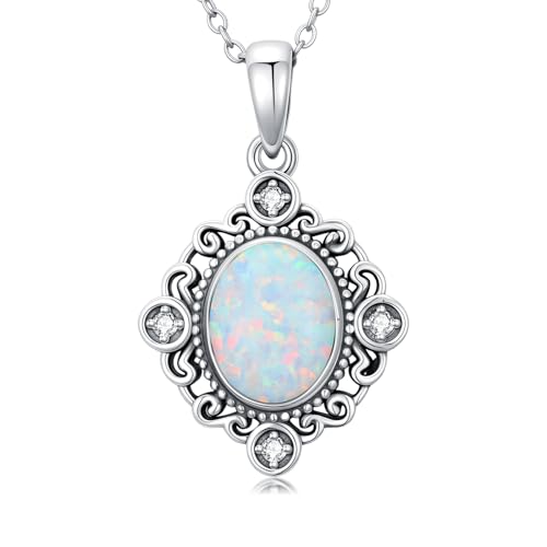 Oval Opal with Genuine Diamond Pendant Necklace 925 Sterling Silver Dainty White Opal Necklace Anniversary Birthday Jewelry Gifts for Women Her
