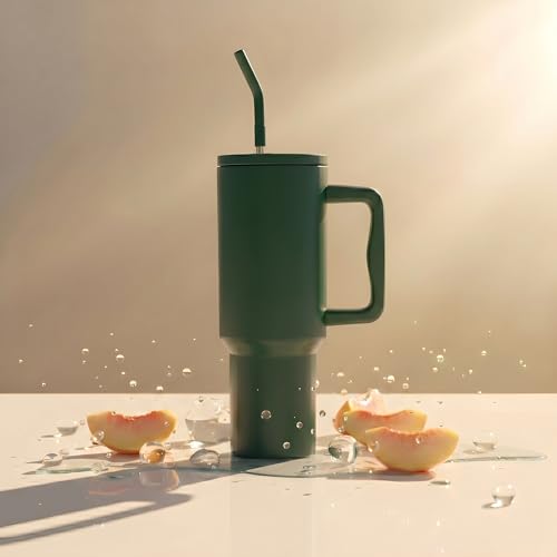 Image of Personalised 1200ml Insulated Stainless Steel Tumbler with Handle and Straw Lid - Large Travel Mug for Coffee & Water, Double Wall Vacuum Cup, Car Cupholder Friendly (Forest Green)