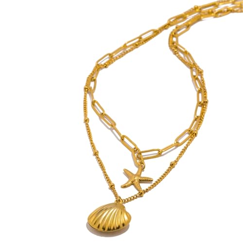 Collier double chaîne femme acier inoxydable robuste pendentif mer