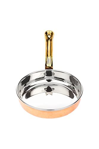 SHIV HOME WORLD Copper Steel Fry Pan/Tadaka Pan with Brass Handle for Serving House/Hotel/Restuarent Size-3 Capacity 750 ml