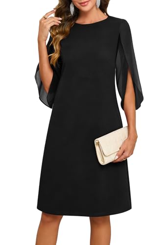 Image of MISSJOY Womens Elegant Flutter 3/4 Sleeve Chiffon Dress 2026 Black X-Large
