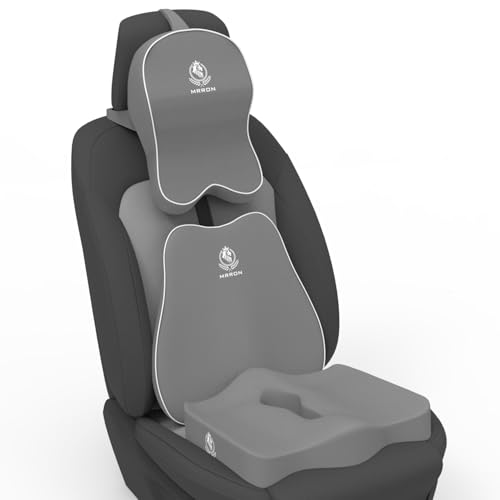 Image of MRRON Memory Foam Car Seat Cushion Combo - Backrest, Coccyx Cushion & Neckrest - Orthopedic Support for Back, Tailbone, Sciatica & Neck Pain - Ergonomic Comfort for Car, Office. (Grey, Slim Backrest)