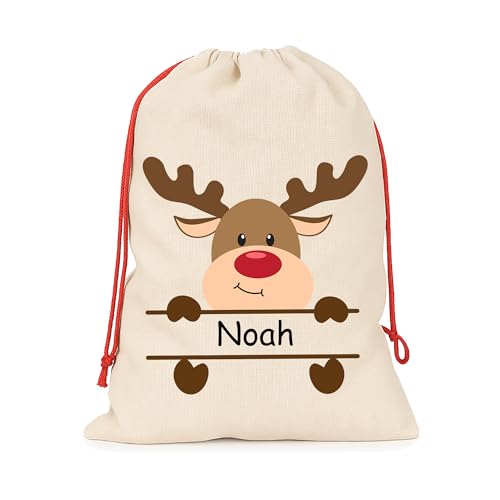 Image of Chicken Craft Personalised Small Santa Sack with Custom Name - Christmas Sack for Presents - Kids Xmas Gift Bag - Christmas Eve Bag - 30x40cm Linen Style - Reindeer