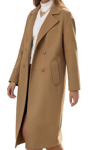 Women's Double Sided Blended Long Wool Pea Coat,Notch Lapel Overcoat Wool Jacket Long Trench Wool Dress Coat,Brown