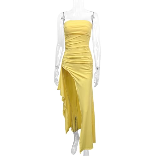 Image of Women's Sexy Strapless Backless High Split Long Maxi Dress Ruched Off Shoulder Sleeveless Bodycon Party Cocktail Dresses