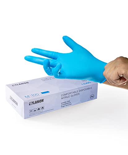 LANON 3mil Gants Nitrile Jetables, Non Poudrés, Sans Latex, Contact Alimentaire, EN 374, 100 Pièces, Bleu, XL/10 Cover