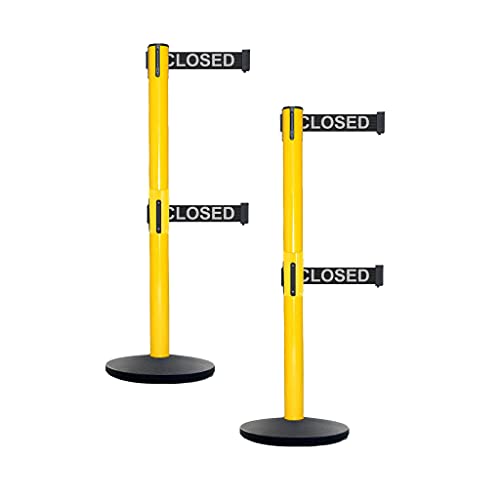 CCW Set of 2 Dual Retractable Belt Barrier Safety Stanchion, Cast Iron, Base Yellow Post, IRBB-100D (11 Foot Belt, Black with 