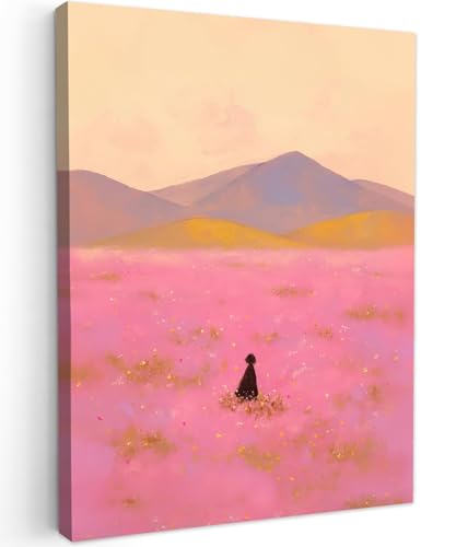 Toile champ de fleurs roses paysage de montagne pour salon moderne