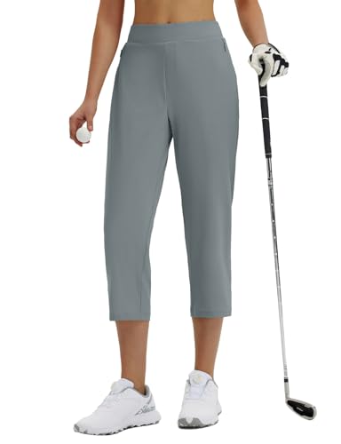 Image of baleaf 20'' Women Capris with Pockets Stretch Golf Work Dress Cropped Pants Straight Leg High Waisted Pull On Summer