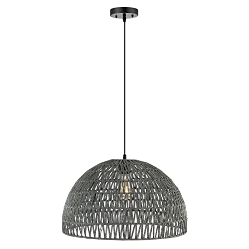 Image of JONATHAN Y 20 inch Gray Modern Bohemian Woven Rope LED Pendant Light Fixture, Adjustable Dome Ceiling Lamp for Kitchen Island, Rope Shade, Coastal Farmhouse Decor (JYL6504D)