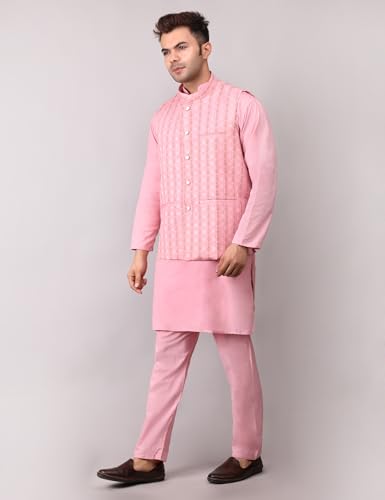 Image of Men's Cotton Silk Blend Regular Kurta Pyjama, Embroidered Nehru Jacket /Waistcoat Set