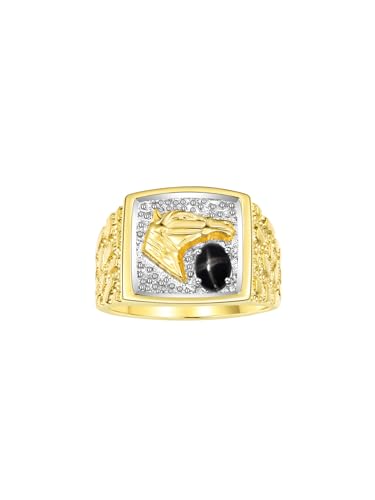 Image of Rylos Men's Yellow Gold-Plated Sterling Silver Lucky Nugget Horse Head Ring with 6X4MM Gemstone and Diamonds - Birthstone Elegance for Men, Sizes 8-13 Available