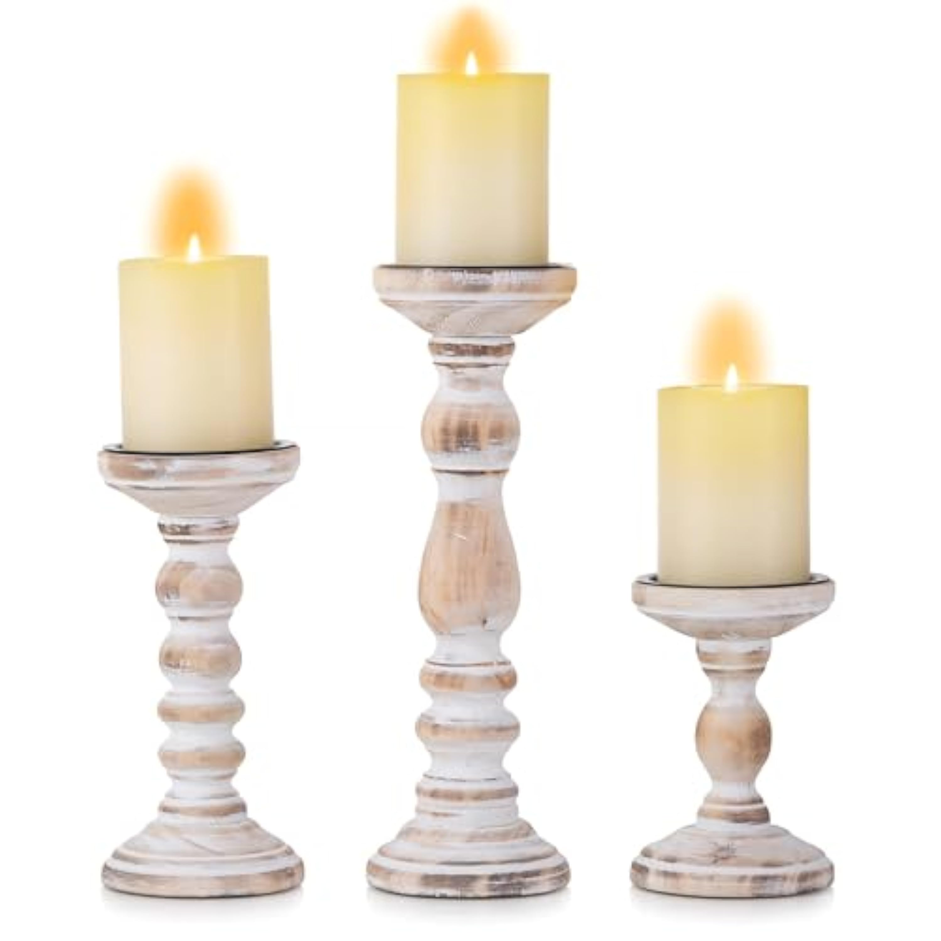 Inweder Rústico Portavelas de Madera con Pilar - 3 Portavelas de Madera con Pilar Juego de Portavelas de Color Blanco Envejecido Portavela para Centros de Mesa de Boda Decoración Habitación Hogar