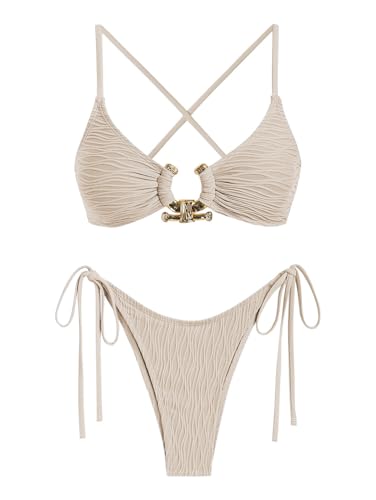 ZAFUL Women's Bikini Sets Ribbed Metal O Ring Criss Cross Two Piece Swimsuit Cheeky High Cut Side Tie Thong Bathing Suit