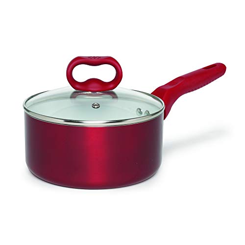 Ecolution Bliss Ceramic Nonstick Saucepan with Lid - 2 Quart - Induction Stainless Steel Base Pot Red