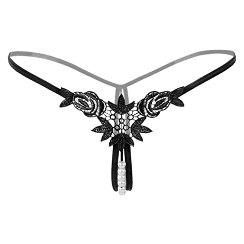 Elegabrillia Bragas sin Entrepierna Floral con Perlas Lencería Mujer Ropa Interior Transparente Poliéster Cintura Elástica Adecuado para Aniversario Noche, Negro, universal