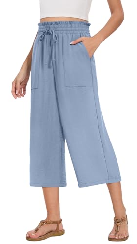 Womens Capri Pants Summer Wide Leg High Waisted Pants Drawstring Casual Trousers with Pockets2