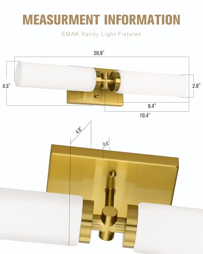 Image of Emak 21 Inch Brushed Gold Bathroom Light Fixtures, 2-Light Vanity Lights with Milk Glass Shade, Modern Wall Sconce for Bathroom, Mirror, VL086-BGD-ML-2