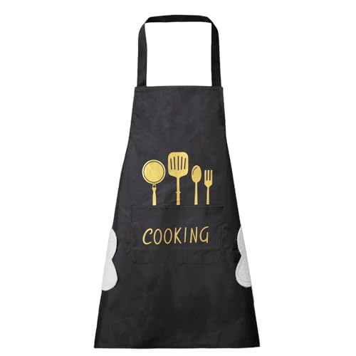 DILLMAN Women Kitchen Apron with Hand Wipe Pockets，Big Pocket,Hand-wiping, Waterproof for Cooking Baking (BLACK)