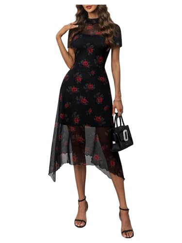 Image of Floerns Women's Floral Mesh Short Sleeve Asymmetrical Hem Flared A Line Dress